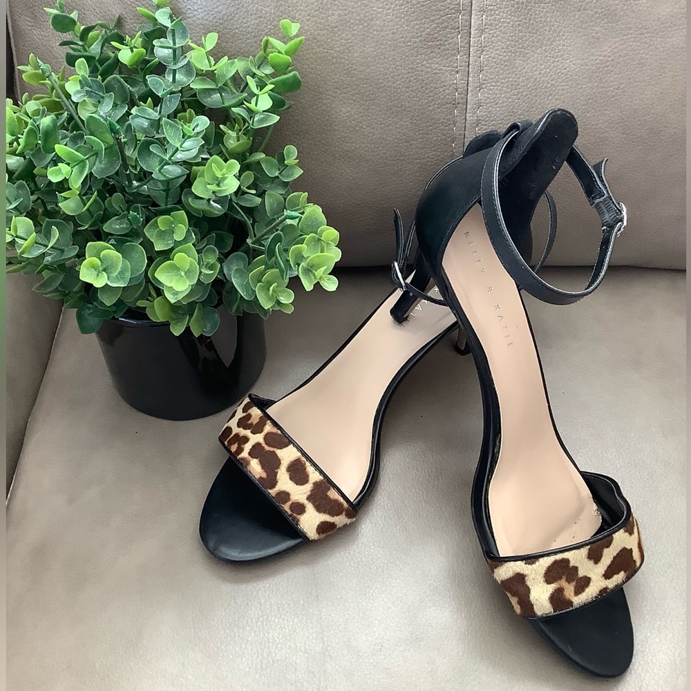 Kelly & Katie Calf Skin Leopard & Black Leather Sandal Heels Sz 9.5